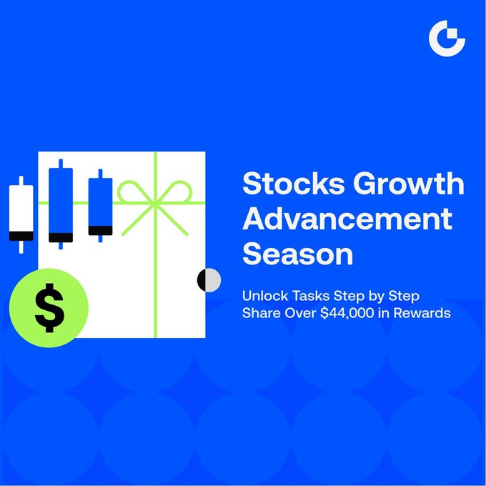 A blue promotional graphic for a "Stocks Growth Advancement Season" campaign features a gift box with a green ribbon alongside candlestick chart icons and a green dollar sign coin, with text highlighting over $44,000 in rewards and step-by-step tasks. The accompanying post expands on the campaign, noting that new users completing their first transfer and trade can receive NVDAG tokens and can level up through check-in and trading challenges to share in the rewards pool.
