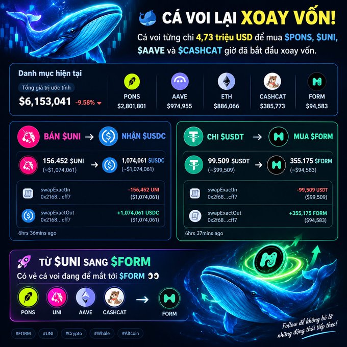 A Vietnamese crypto infographic titled 'CÁ VOI LAI XOAY VỒN!' showing a whale portfolio of $6,153,041 (down 9.58%) that spent 4.73 million USD on $PONS, $UNI, $AAVE, and $CASHCAT, now rotating assets by selling $UNI for USDC and $USDT for $FORM.
