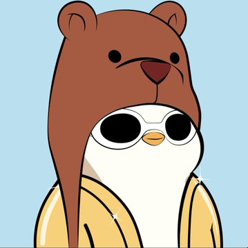 A cartoon penguin character wearing a brown bear hood and a yellow jacket with sparkle details.