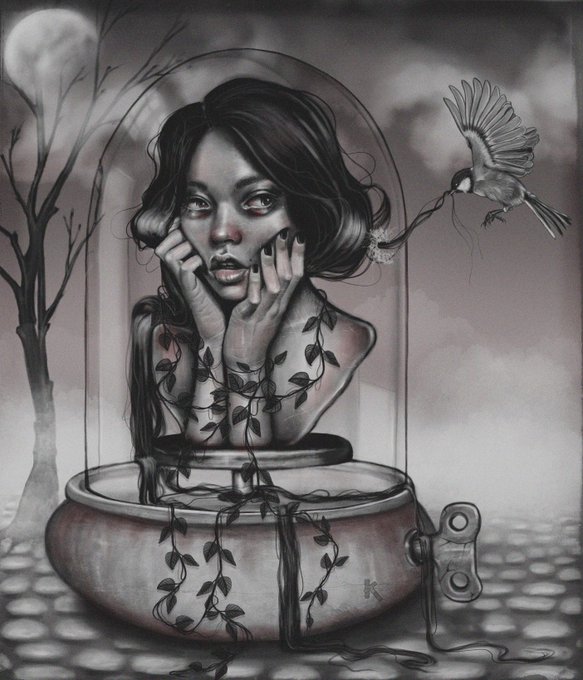 A grayscale, melancholic digital illustration shows a sad woman resting her chin on her hands inside a glass dome, with vines growing on her arms and a bird pulling a strand of her hair as it flies by.