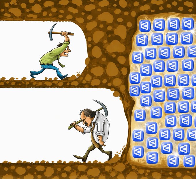 A cartoon illustration of two miners with pickaxes digging through earth toward a wall of glowing blue blocks marked with the Near Protocol (NEAR) logo, symbolizing cryptocurrency mining.