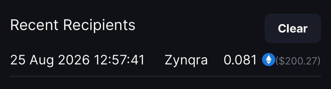 A screenshot of a "Recent Recipients" interface showing a 0.081 ETH (~$200.27) transaction sent to "Zynqra" on 25 Aug 2026 at 12:57:41, confirming the $200 payout described in the post.