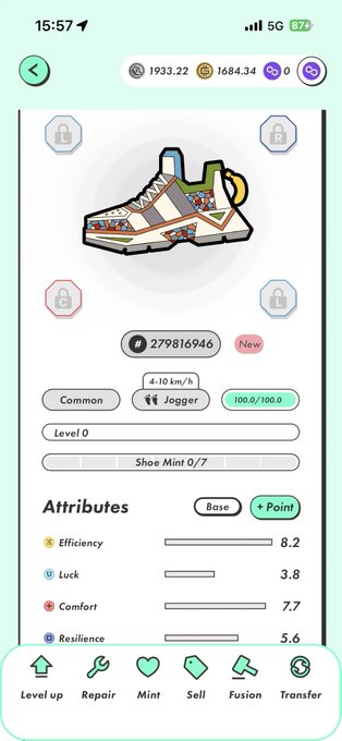 The image shows a phone screen with an app icon, which appears to be a shoe shopping app. The main focus of the image is a shoe design displayed on the screen, accompanied by a description of its attributes such as color, size, and material. The app also provides information about how many points it has earned in the game and offers options for players to progress through levels or complete tasks.