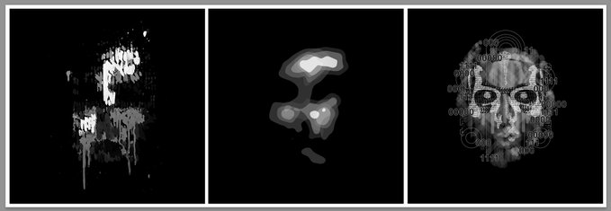 A triptych of three black square panels, each containing abstract grayscale imagery including a face with the text "pabili mask is for hand sliced" and other glitchy, textured portraits.