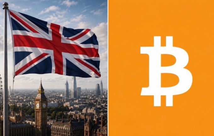 A split image showing the Union Jack flag waving over London's skyline alongside the Bitcoin logo on an orange background, symbolizing the UK's advancement in crypto regulation as the FCA prepares to open cryptoasset authorization applications.