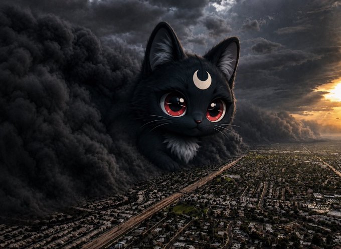A massive black cat with glowing red eyes and a crescent moon on its forehead looms over a sprawling cityscape, emerging from dark storm clouds as the sun sets on the horizon—visually embodying $TSUKI's takeover with its overwhelming, kaiju-like presence dominating the urban landscape below.
