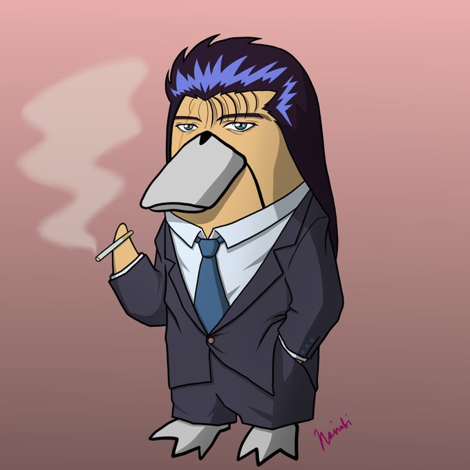 A cartoon/anime-style illustration of a figure with long dark hair, blue-streaked bangs, and a bird-like beak wearing a suit and tie, smoking a cigarette with a signature 'Ruizuki' in the corner.