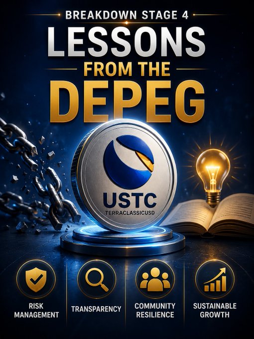 A digital poster titled 'BREAKDOWN STAGE 4 LESSONS FROM THE DEPEG' featuring a 'USTC' (TerraClassicUSD) coin breaking free from chains, with four pillars labeled RISK MANAGEMENT, TRANSPARENCY, COMMUNITY RESILIENCE, and SUSTAINABLE GROWTH.