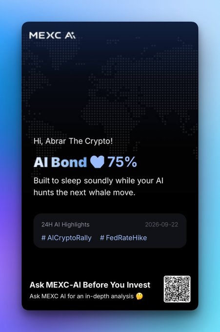 A promotional graphic from MEXC reading 'AI Bond 75%', addressed to 'Abrar The Crypto', featuring 24H AI Highlights and the hashtags #AICryptoRally and #FedRateHike.