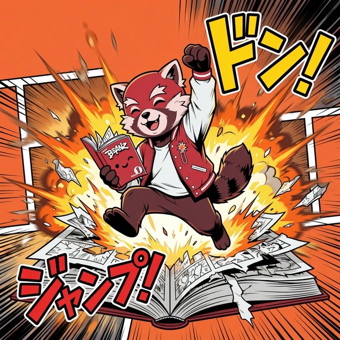 The image features a cartoon character, possibly a fox or a raccoon, wearing a red jacket and holding an open book with Japanese characters written on it. The character appears to be celebrating by giving a thumbs up while standing on top of a book that is floating in the air above them. The background of the image shows a fire explosion, adding to the overall sense of excitement and adventure. The post includes text in both Japanese and English, which reads: "Happy @Azuki manga announcement day for those who celebrate".