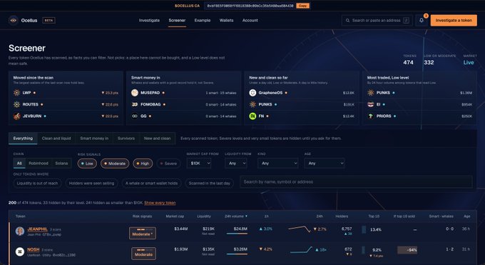 A screenshot of the Boclips 'Screener' dashboard displaying crypto tokens with details on chain (Solana, BSC), market cap, and 24h volume, including listings like UXP, ROUTES, MUSGPAD, PUNKS, PUMP, GG, and GrapheneDAO.