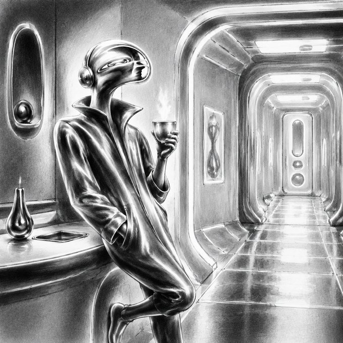 A sleek, silver-skinned humanoid figure in a futuristic corridor holds a steaming cup, rendered in a glossy monochromatic style. The image evokes the cryptic, "if you know, you know" insider vibe of the post, with the figure's contemplative pose and mysterious sci-fi setting reinforcing the exclusive, coded signal referenced by the CA.