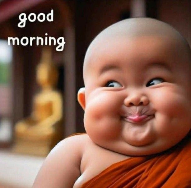 A humorous image of a smiling, chubby-cheeked baby monk with a 'good morning' text overlay in the top left corner.