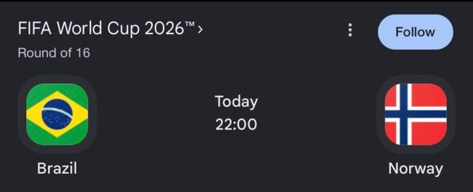 A mobile screenshot of a sports app showing a FIFA World Cup 2026 Round of 16 matchup between Brazil and Norway, scheduled for today at 22:00, serving as the betting reference for a "$100 to 2 people" score prediction contest that ends today.