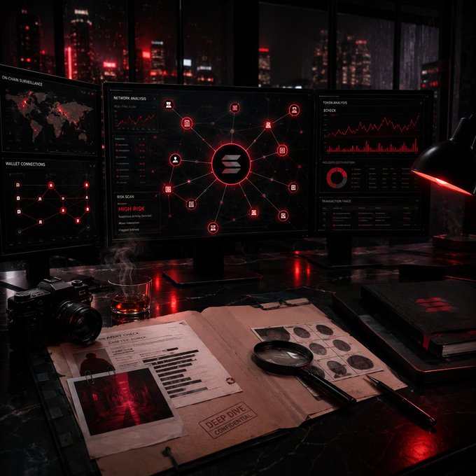 The image shows a dimly lit investigative workspace with curved monitors displaying "Network Analysis," "Token Analysis," and "Wallet Connections" dashboards in red, alongside an open folder stamped "DEEP DIVE CONFIDENTIAL" containing suspect photos, a "Risk Scan: HIGH RISK" warning, and a "Solana Contract" document, with a steaming cup and camera on the desk.

This imagery directly reinforces the post's message by visually depicting the forensic-style analysis process—showing the multi-screen monitoring of wallet activity, token risks, and a confidential case file—which mirrors how the Agent investigates Solana contracts and holder distributions to flag warning signs before users enter a trade.