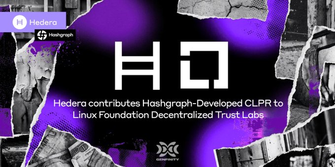 A graphic announcing 'Hedera contributes Hashgraph-Developed CLPR to Linux Foundation Decentralized Trust Labs' with the Hedera and Hashgraph logos and a Dfinity Community badge.