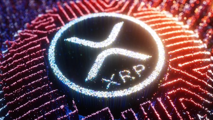 A glowing digital illustration of the XRP cryptocurrency logo set against a brightly lit, red and blue circuit board background.