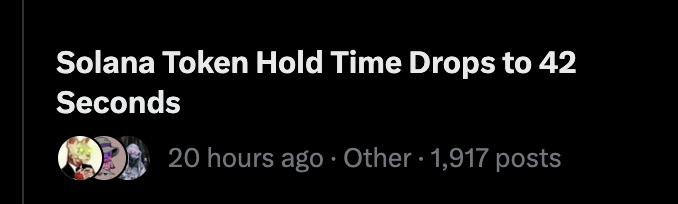 A screenshot of a forum post with the headline 'Solana Token Hold Time Drops to 42 Seconds,' posted 20 hours ago with 1,917 posts.
