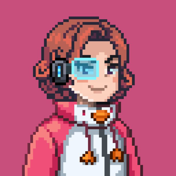 A pixel-art style portrait of a character with curly brown hair, a futuristic eyepiece over one eye, and a white and red outfit against a solid pink background.