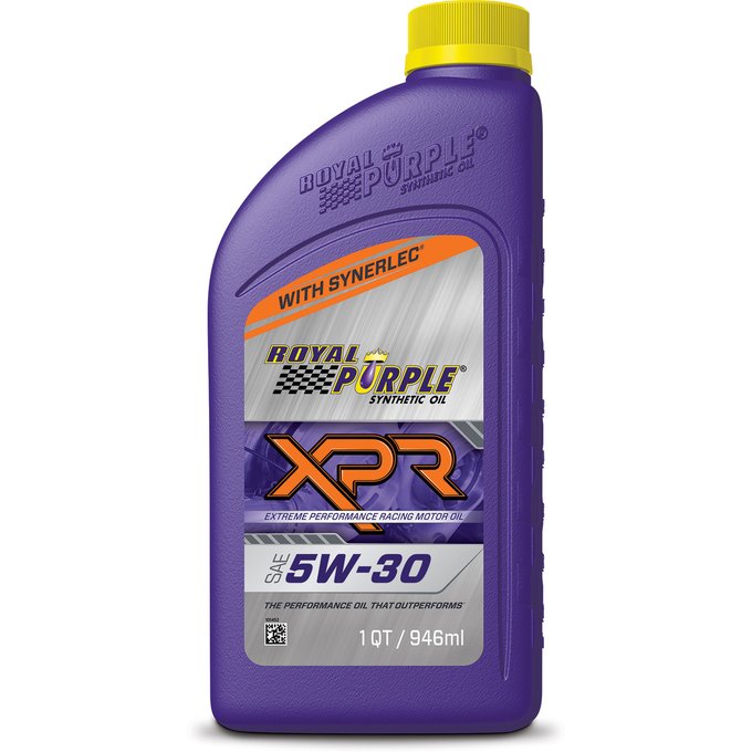 The image features a purple bottle of Royal Purple Synthetic Oil, specifically designed for 5W-30 synthetic oil applications. It has a yellow cap that stands out against its purple color. The text on the label indicates that this particular oil is suitable for extreme performance and high temperatures, making it ideal for various engine types. The post about engines running on XPR oil suggests that some engines can survive using this synthetic oil, while others may not perform as well or run at all due to compatibility issues with XPR oil.