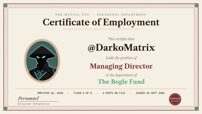 A 'Certificate of Employment' from 'The Mutual Fun · Personnel Department' certifying '@DarkoMatrix' as Managing Director in 'The Bogle Fund', issued 24 Sept 2026.