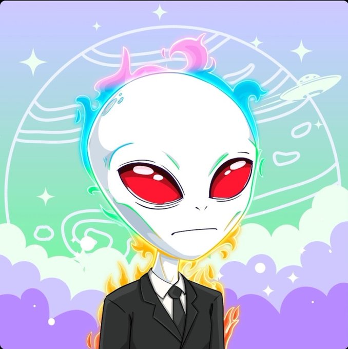 A cartoon-style illustration of a white alien-like character with large red eyes, wearing a black suit and tie, with rainbow-colored accents and a pastel cosmic background featuring stars and planets.