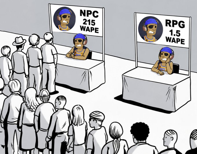 A cartoon depicts two booths, one labeled 'NPC 215 WAPE' and the other 'RPG 1.5 WAPE', both staffed by the same character wearing a blue cap and sunglasses, with a line of people only at the higher-priced NPC booth.