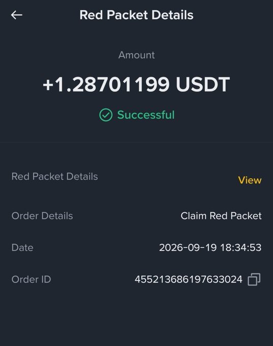 The image shows a successful Binance Red Packet claim of +1.28701199 USDT, dated 2026-09-19 18:34:53, serving as proof that one of the shared codes (03EC93LH, JDQE0ARH, 2OGWJJ0M, or 1Y6YWPO2) worked and delivered the reward.