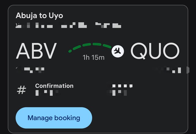 A digital flight booking interface showing a route from Abuja to Uyo (ABV to QUO) with a flight duration of 1h 15m and a blue 'Manage booking' button at the bottom.