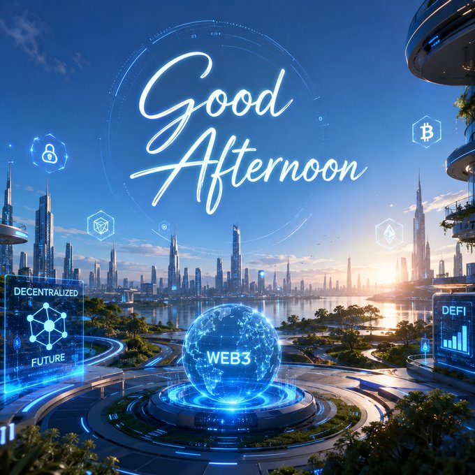 A futuristic cityscape features glowing holographic text saying 'Good Afternoon' along with floating crypto and Web3 icons like 'DECENTRALIZED', 'FUTURE', 'WEB3', 'DEFI', and a Bitcoin symbol.