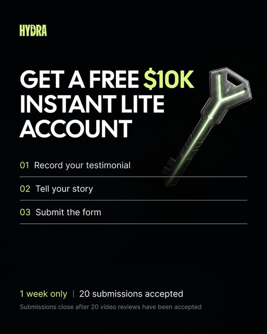This image promotes: "GET A FREE $10K INSTANT LITE ACCOUNT" by recording a testimonial, telling your story, and submitting a form, with a "1 week only" offer for "20 submissions accepted." The visual of a glowing key reinforces the idea of unlocking access to this free account.