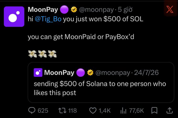 Twitter/X post from MoonPay (@moonpay) claiming that user @Tig_Bo won $500 of SOL, with a quoted tweet promising $500 of Solana to one person who likes the post.