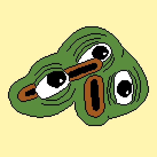 A pixel art image of the character Pepe the Frog with multiple eyes, created in a retro 8-bit style. The image accompanies a post by the artist celebrating Friday and sharing the artwork as part of their "Pixelmatic Pepe" collection.