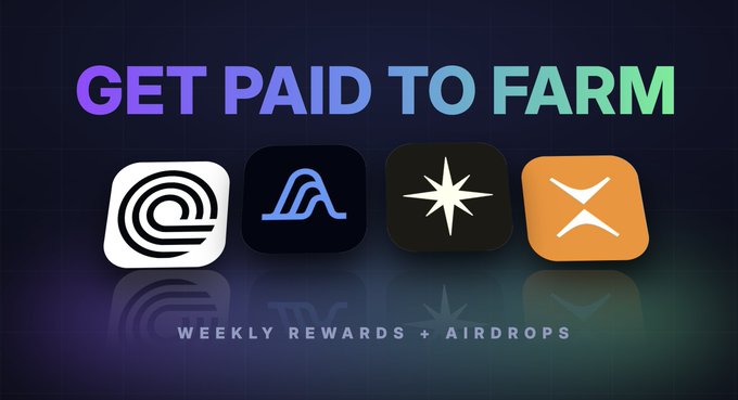 A promotional graphic with the text "GET PAID TO FARM" and "WEEKLY REWARDS + AIRDROPS" displayed above four cryptocurrency platform logos (likely Ondo, Variational, and others), advertising weekly USDC reward pools and point distributions for trading perps.