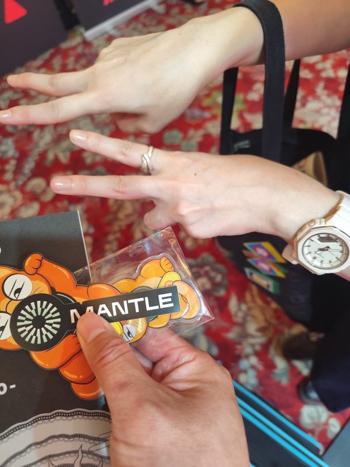 Two hands reach toward each other, both flashing peace signs over a sticker of an orange flower labeled "MANTLE," with a patterned red carpet visible in the background.