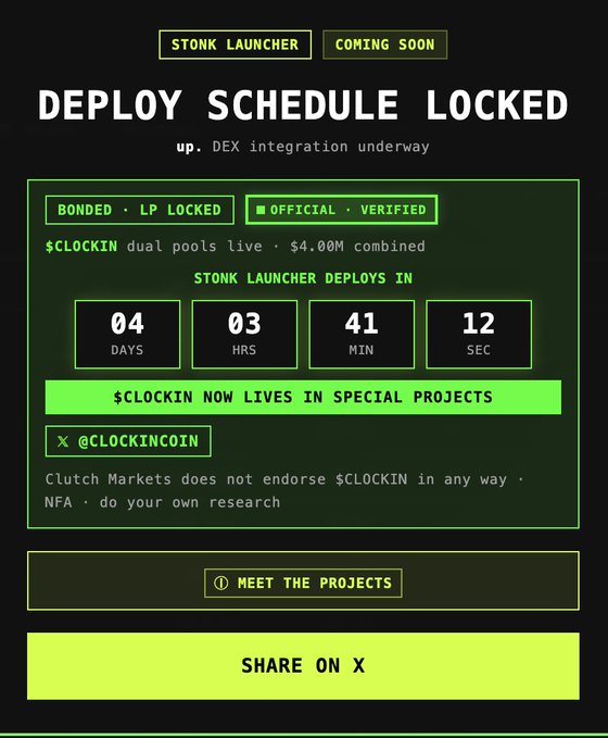 A dark promotional graphic with neon green text announcing 'DEPLOY SCHEDULE LOCKED' for $CLOCKIN on Stonk Launcher, featuring a countdown timer showing 4 days, 3 hours, 41 minutes, and 12 seconds.