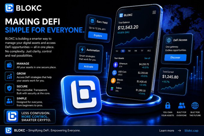 A promotional graphic for BLOKC, featuring a smartphone displaying a DeFi app interface with a total balance of $12,543.20 and various crypto assets like Ethereum and Solana.