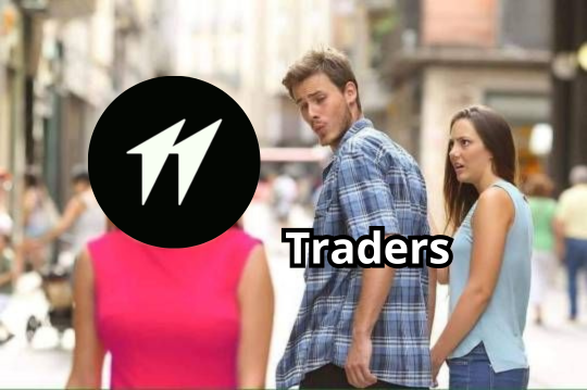 A meme showing the classic "Distracted Boyfriend" image, where the boyfriend turns away from his girlfriend (labeled "Traders") to look at another woman (whose face is replaced with the Hotstuff logo), illustrating how traders are being drawn to the @tradehotstuff platform.

The text at the bottom reads "Traders."
