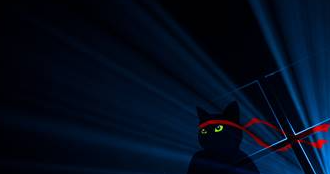 A silhouette of a black cat with glowing yellow eyes wrapped in red ribbon, set against a dark blue background with light rays.