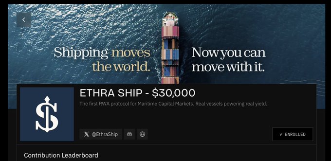 The image shows a promotional banner for "ETHRA SHIP - $30,000," described as "The first RWA protocol for Maritime Capital Markets. Real vessels powering real yield," featuring an aerial view of a container ship and the tagline "Shipping moves the world. Now you can move with it." It relates to the post by visually reinforcing Ethra Ship's maritime vessel-backed credit model, highlighting the $30,000 tokenized debt offering that lets investors earn yield tied to real shipping assets rather than fractional ownership.