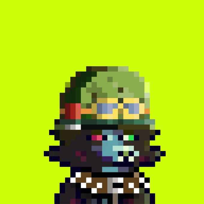 A pixel art character with a green helmet, yellow goggles, and dark pixelated body rendered on a bright lime-green background.