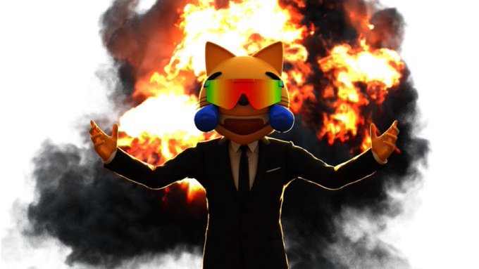 A 3D rendered character with a cat head wearing rainbow sunglasses and a business suit, standing with arms raised in front of a fiery explosion.