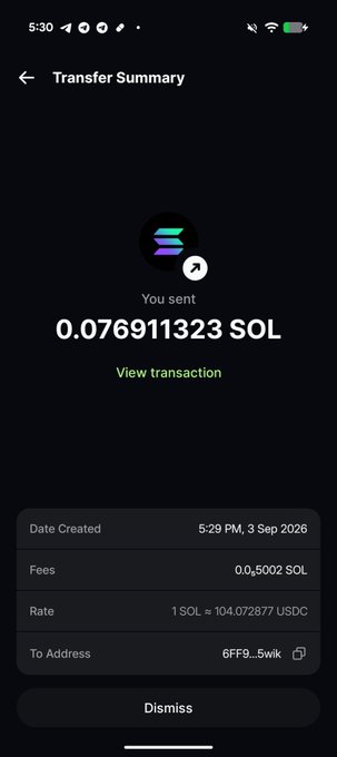 A mobile wallet transfer summary showing 0.076911323 SOL sent, with a rate of 1 SOL = 104.072877 USDC, created on 3 Sep 2026.
