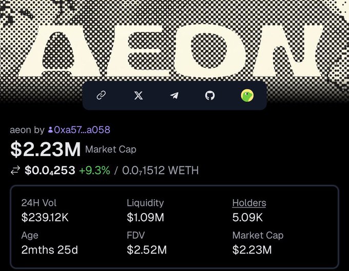 The image shows a close-up of a website that has an item labeled as $AEON. The name "AEON", or market cap, is displayed prominently in large white letters at the top left corner. Below this, there are details about the item including its price and weight. At the bottom right corner, you can see a stock symbol, likely the symbol used to represent this specific item on the website.