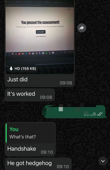 A WhatsApp chat screenshot showing someone sharing a 'You passed the assessment!' screen, with messages reading 'Just did', 'It's worked', 'Handshake', and 'He got hedgehog'.