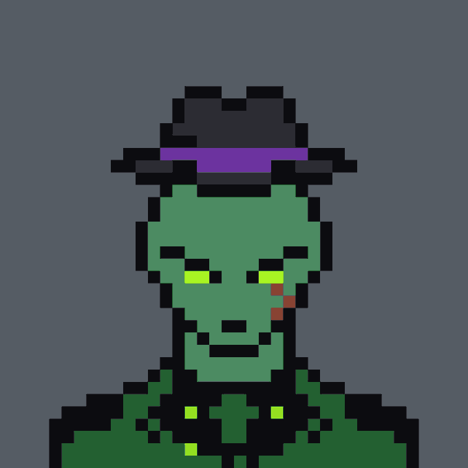 Pixel art of a green-skinned figure with glowing yellow eyes wearing a black hat with a purple band.