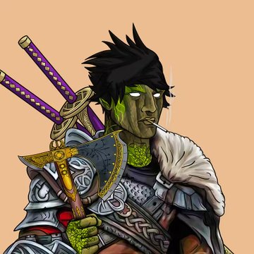 A cartoon-style illustration of a green-skinned warrior with black spiky hair, wielding two purple katanas and wearing ornate silver armor with fur trim.