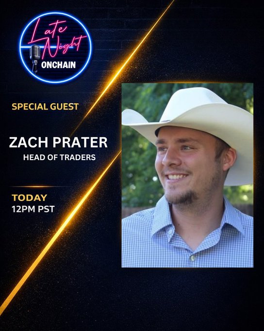 A promotional graphic for "Late Night Onchain" featuring special guest Zach Prater, Head of Traders, scheduled for 12PM PST (matching the post's 12:30 PM PST time), with the show's neon logo displayed in the top left corner against a dark background with diagonal light streaks.