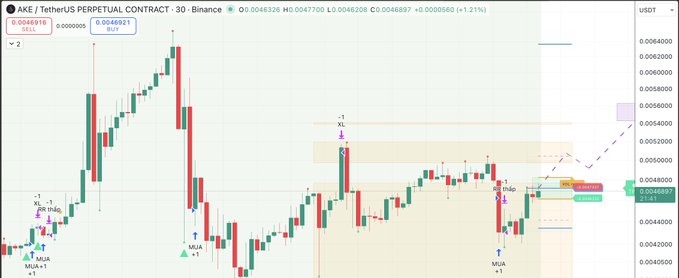 A candlestick chart of AKE / TetherUS perpetual contract on Binance showing price action with technical analysis indicators and entry points.