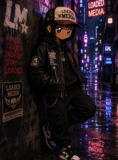 An anime-style illustration depicts a character in dark clothing and a 'LOADED MEDIA' cap standing in a neon-lit rainy alleyway with graffiti reading 'FOCUS CREATE INSPIRE STAY LOADED'.